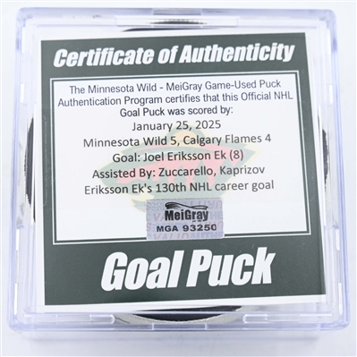 Joel Eriksson Ek - Minnesota Wild - Goal Puck - January 25, 2025 vs. Calgary Flames (Wild Logo)